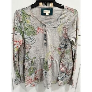 Meadow Rue Floral Print Peplum‎ Top Long Sleeve Button Detail Size Small